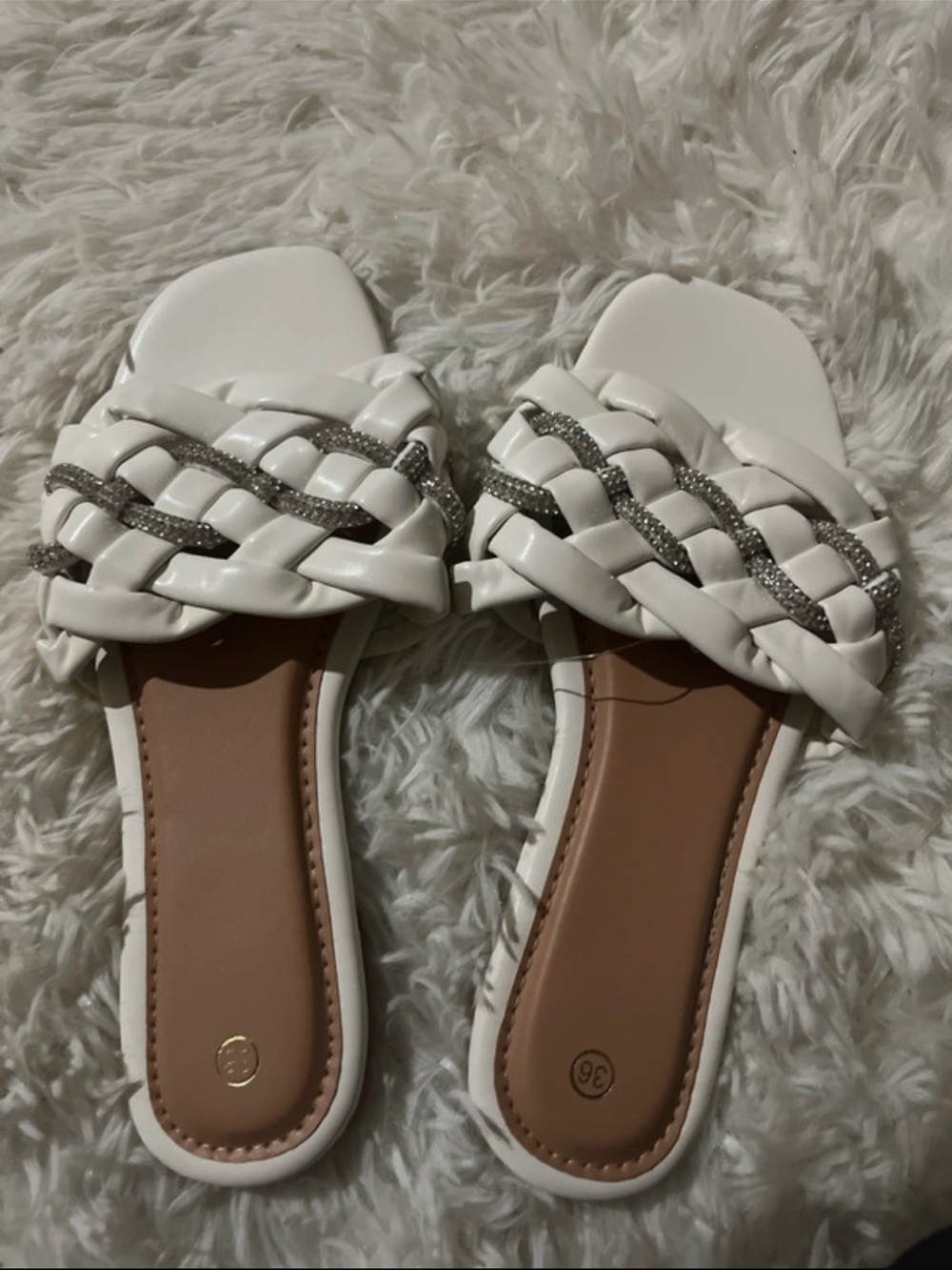 White Braided Slide Sandals with Sparkle Trim